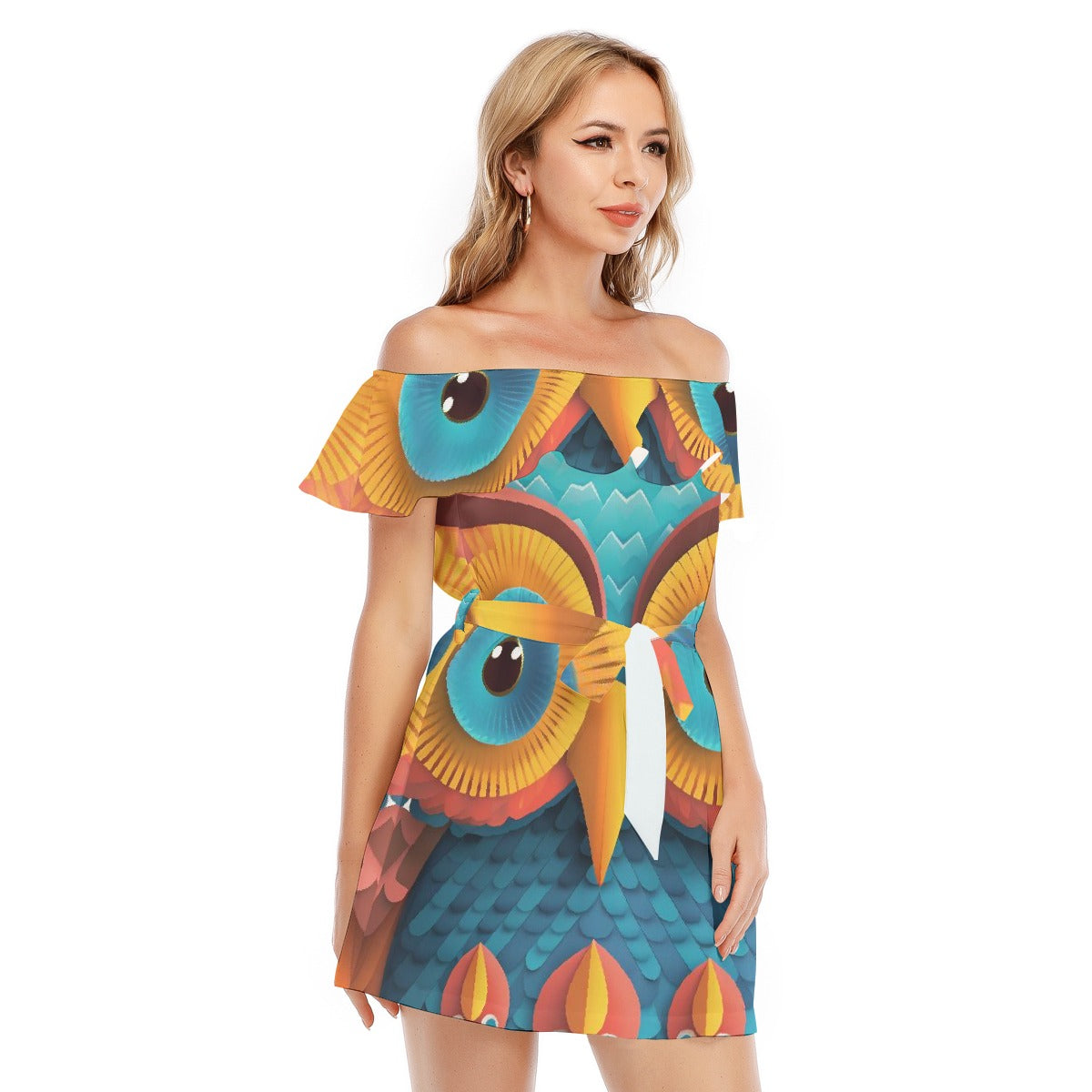 All-Over Print Women's Off-shoulder Dress With Ruffle