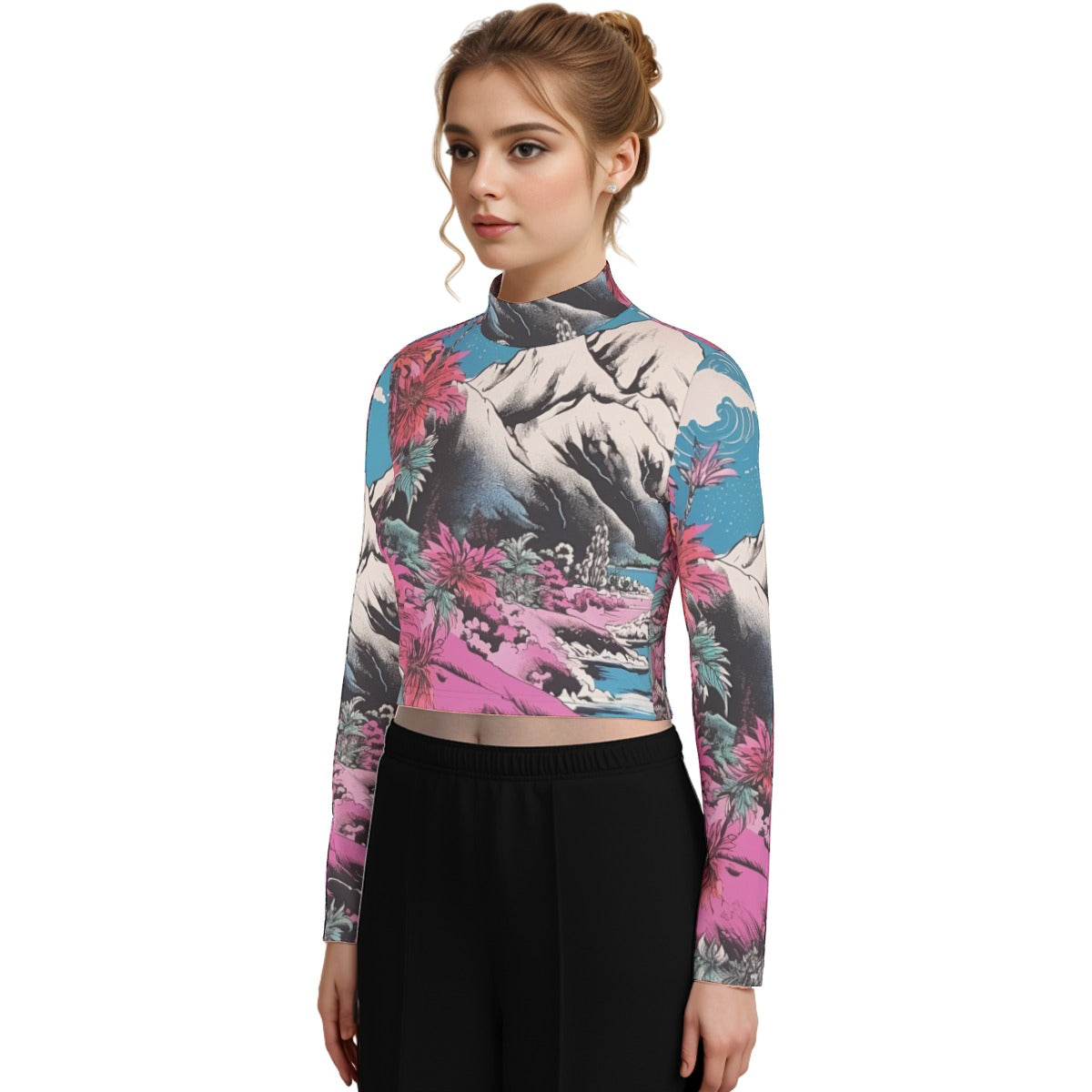 Eco-Friendly All-Over Print Women's Turtleneck T-shirt With Long Sleeve