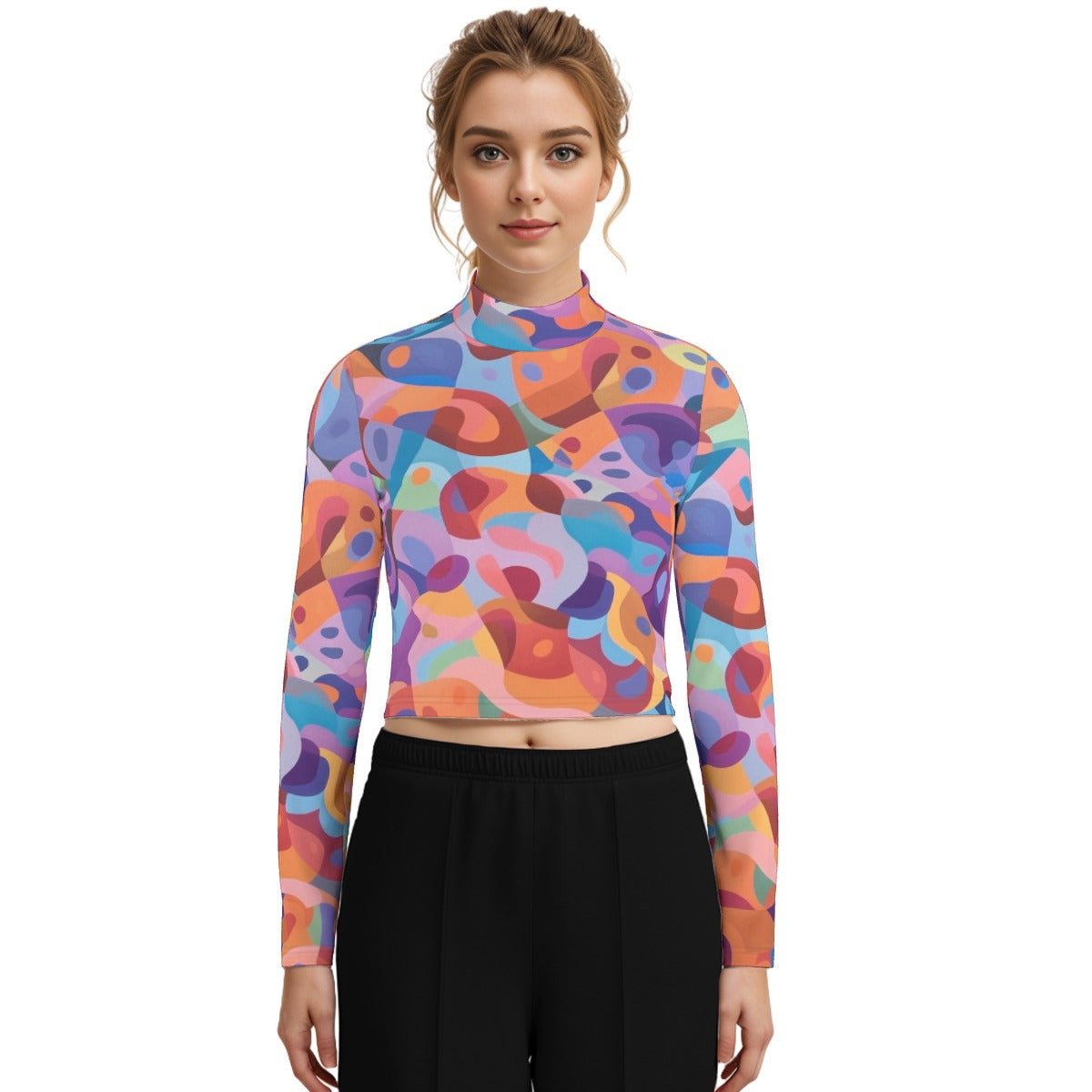 Eco-Friendly All-Over Print Women's Turtleneck T-shirt With Long Sleeve