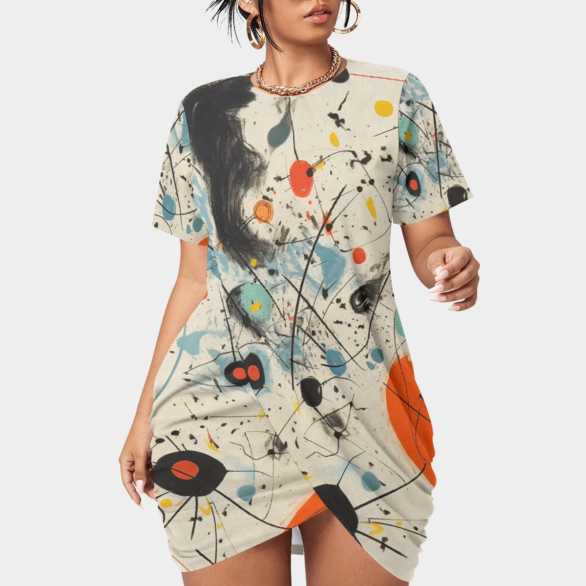 All-Over Print Women’s Stacked Hem Dress With Short Sleeve（Plus Size）