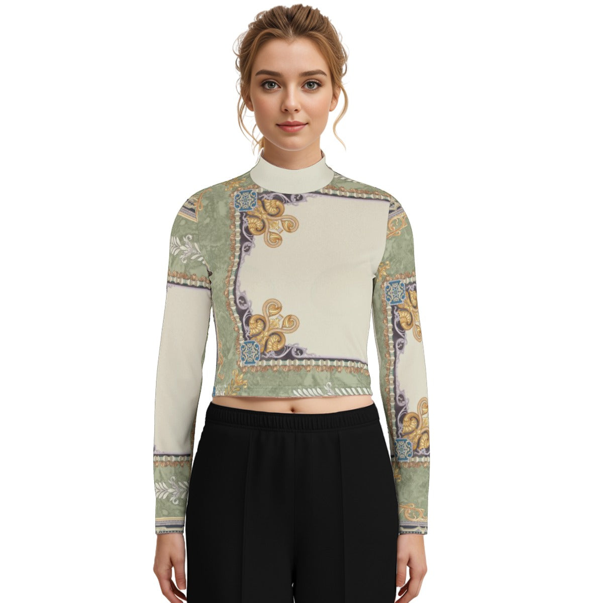 Eco-Friendly All-Over Print Women's Turtleneck T-shirt With Long Sleeve