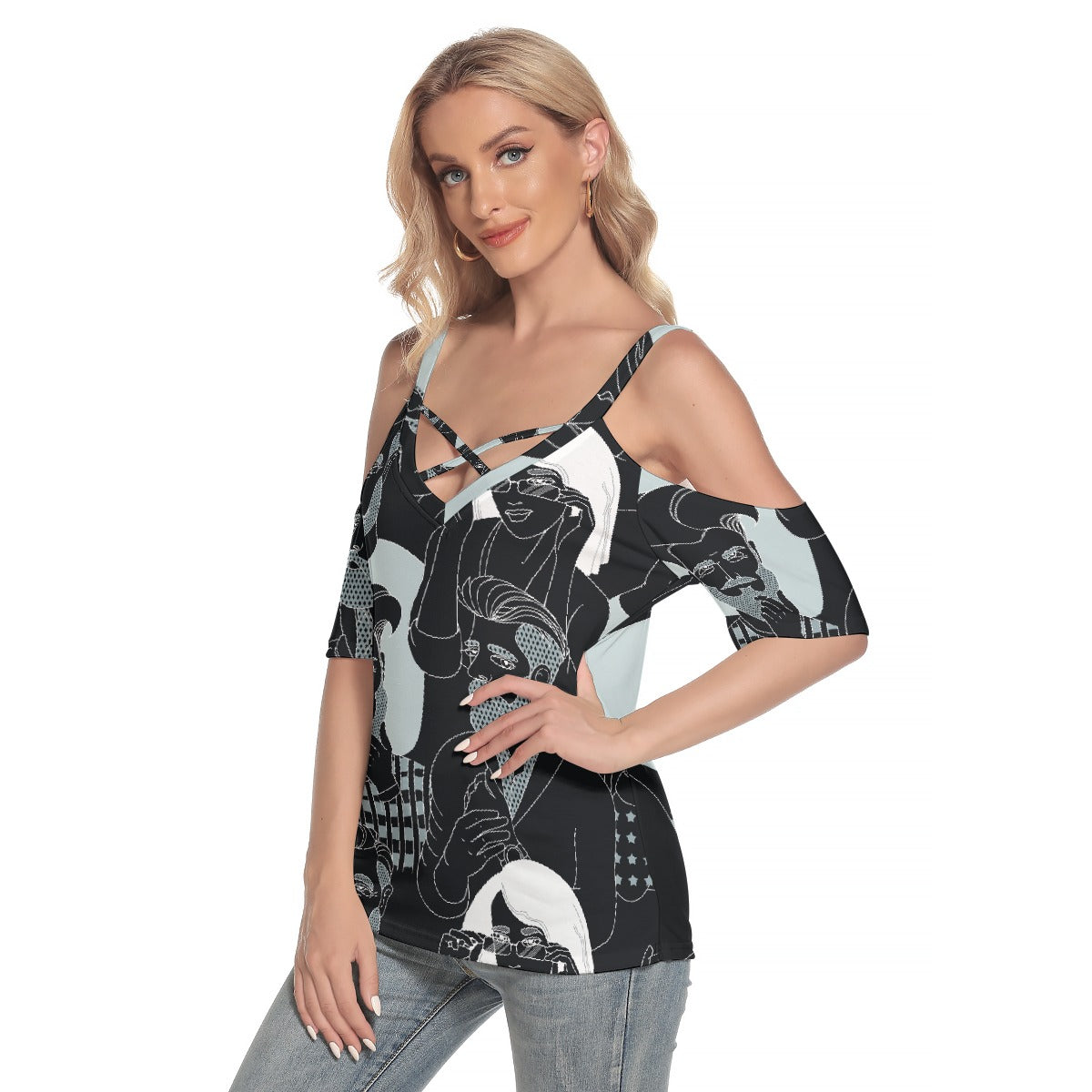 All-Over Print Women's Cold Shoulder T-shirt With Criss Cross Strips