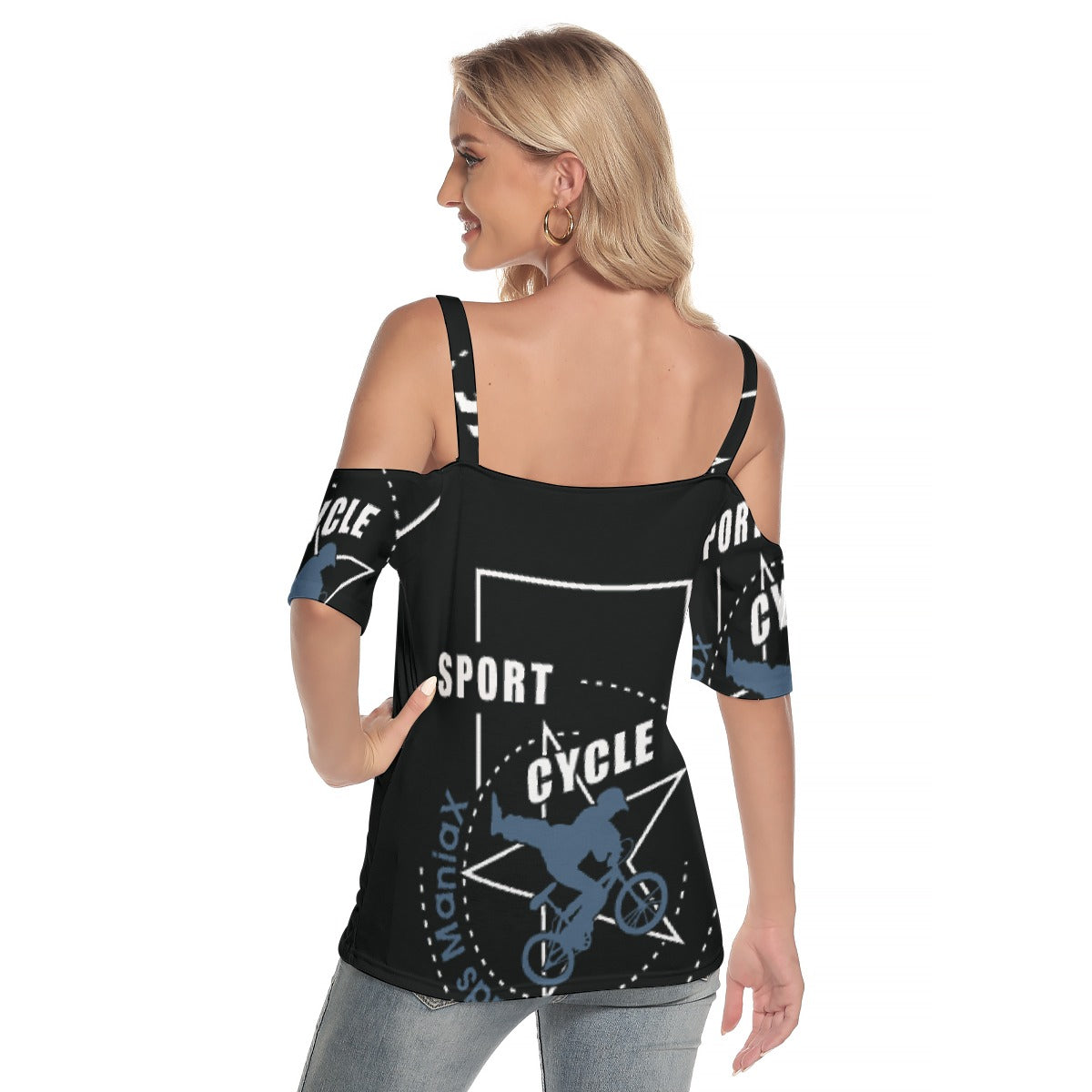 All-Over Print Women's Cold Shoulder T-shirt With Criss Cross Strips