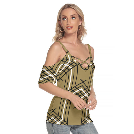 All-Over Print Women's Cold Shoulder T-shirt With Criss Cross Strips