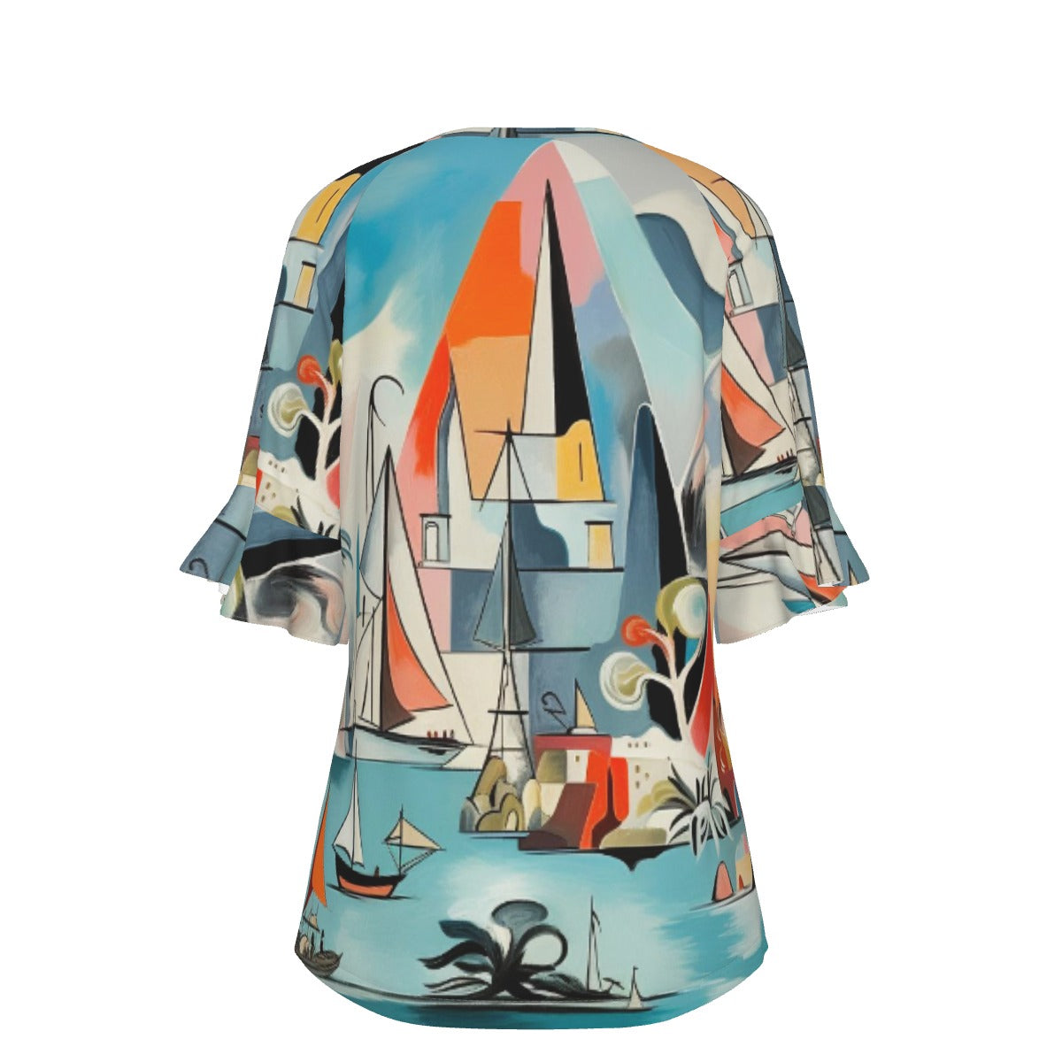 All-Over Print V-neck Women's T-shirt With Bell Sleeve