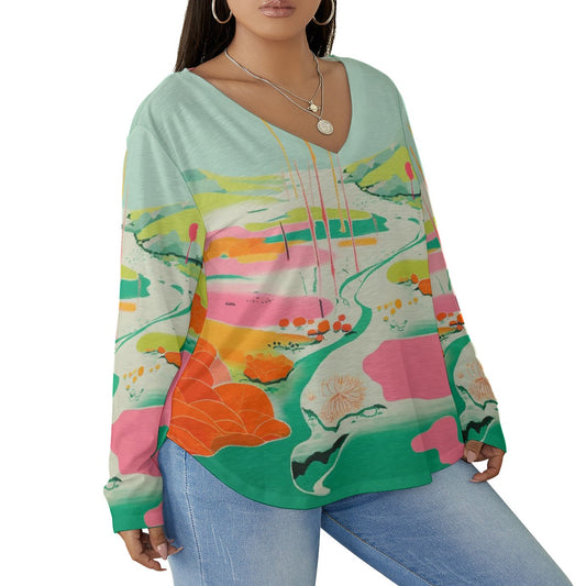 All-Over Print Women's V-neck T-shirt With Curved Hem(Plus Size)