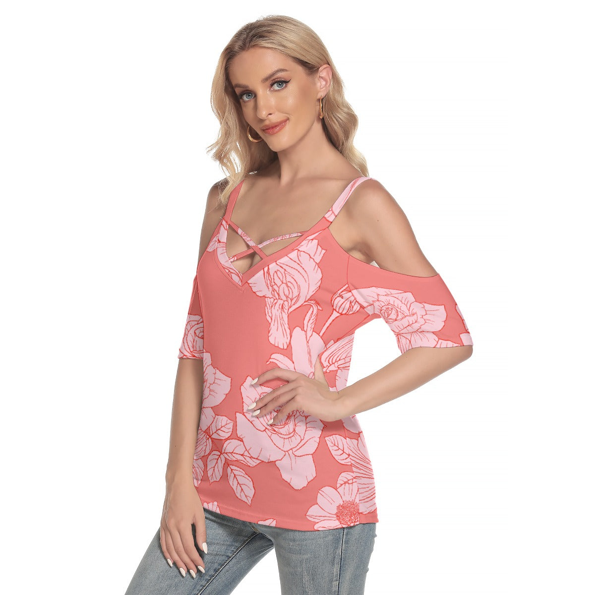 All-Over Print Women's Cold Shoulder T-shirt With Criss Cross Strips