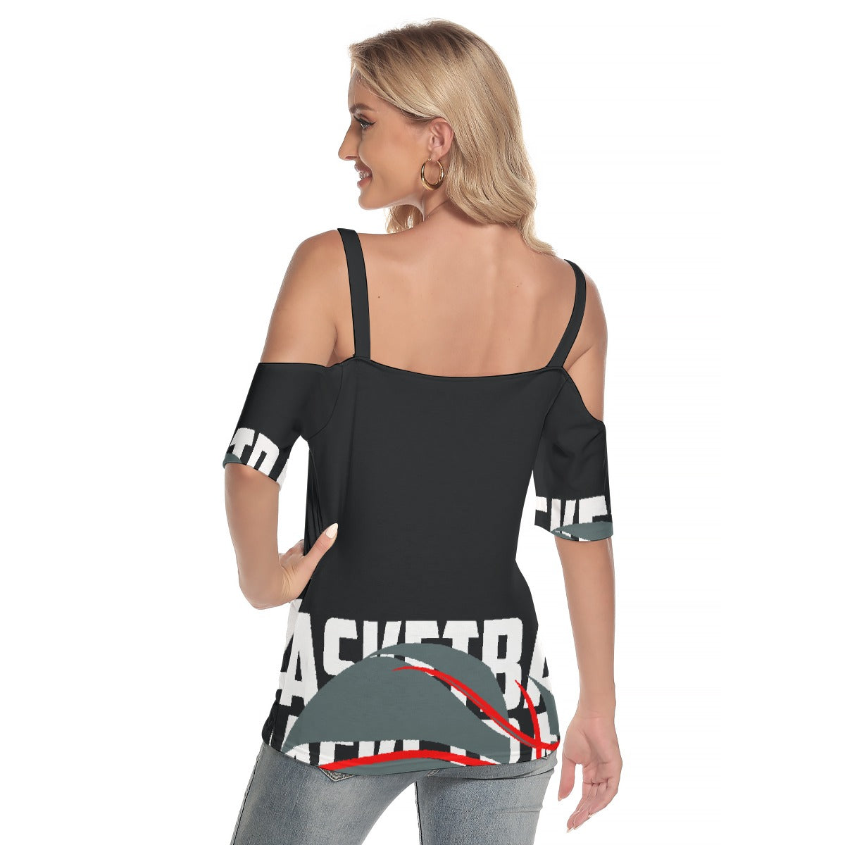 All-Over Print Women's Cold Shoulder T-shirt With Criss Cross Strips