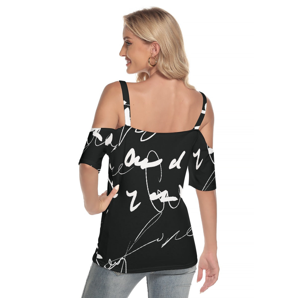 All-Over Print Women's Cold Shoulder T-shirt With Criss Cross Strips