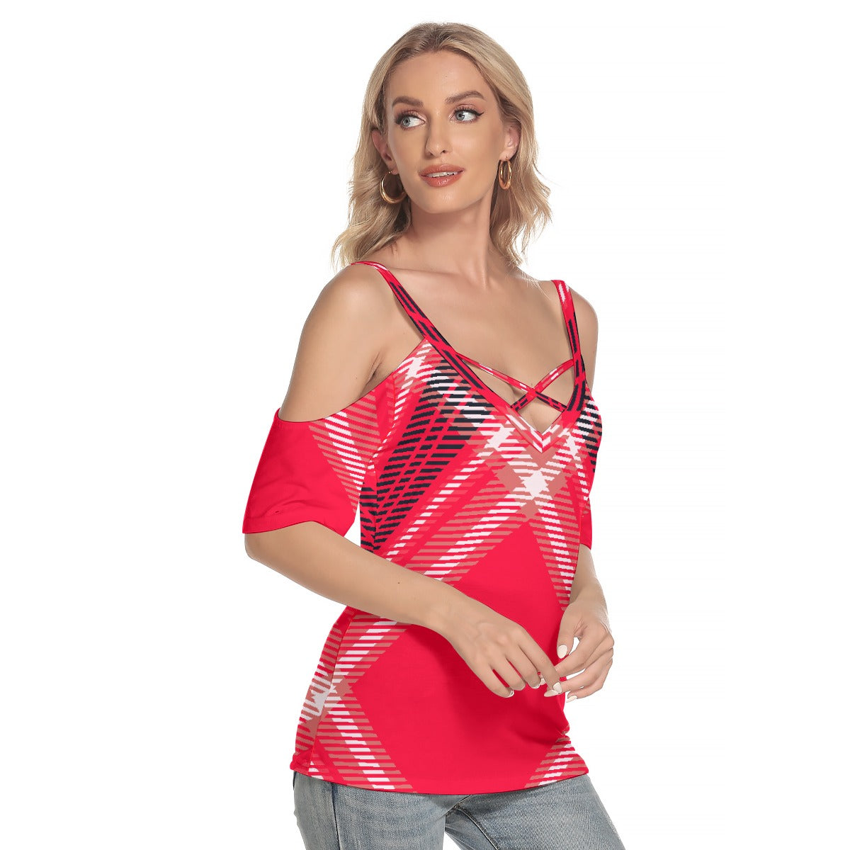 All-Over Print Women's Cold Shoulder T-shirt With Criss Cross Strips