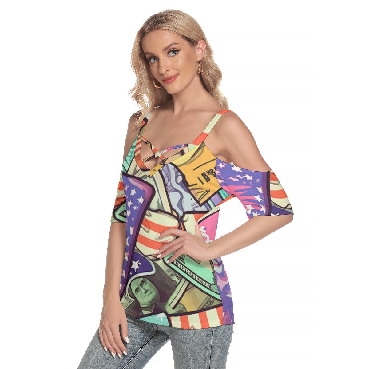 All-Over Print Women's Cold Shoulder T-shirt With Criss Cross Strips