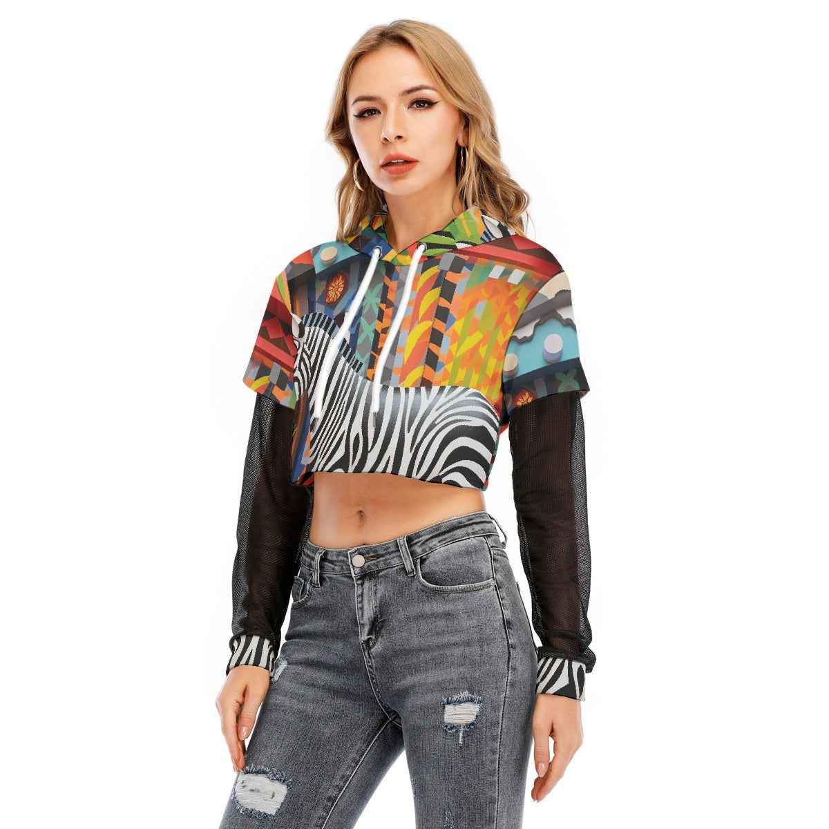 All-Over Print Women's Fake Two-piece Mesh Sleeve Cropped Hoodie