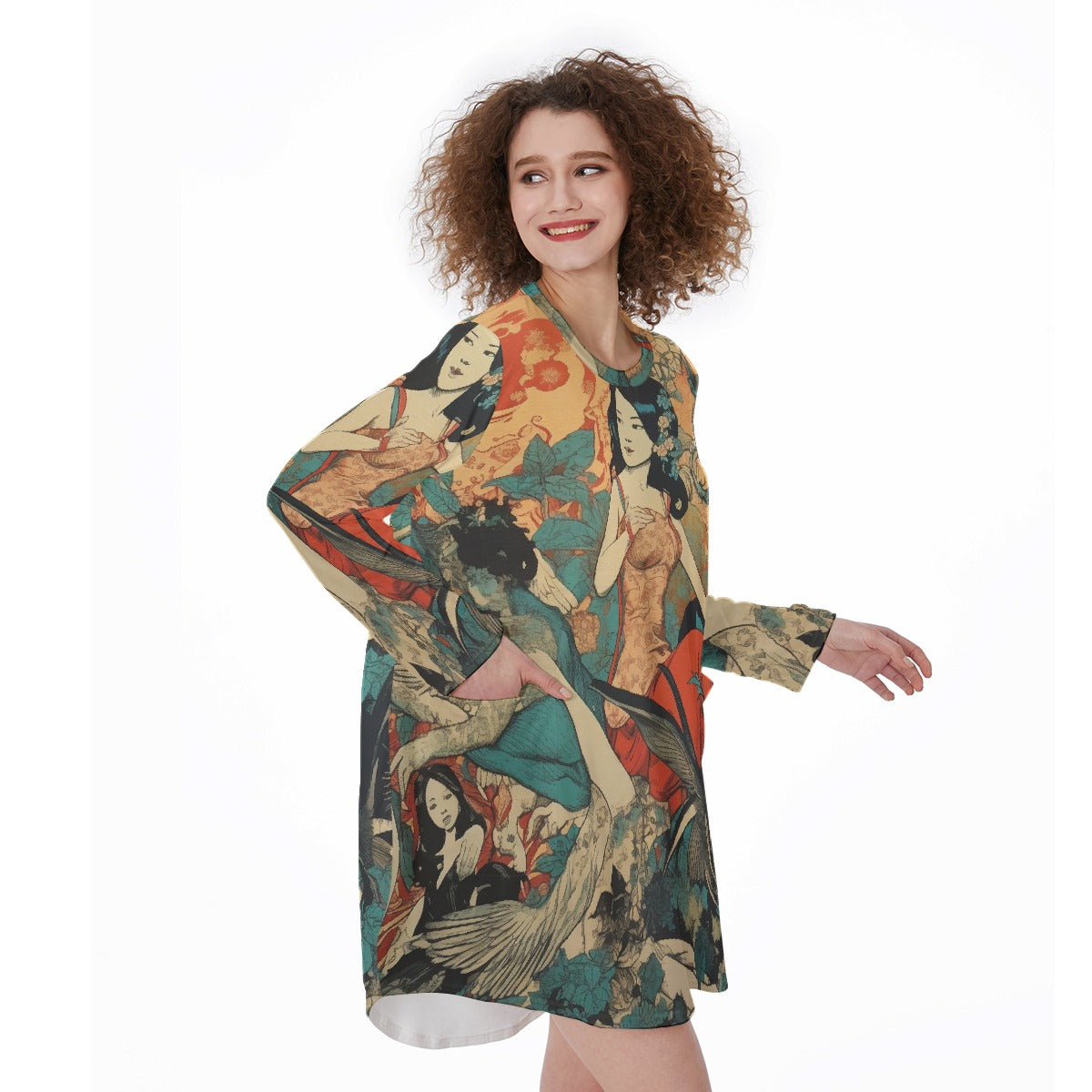 All-Over Print Women's Casual Loose Long Sleeve Dress With Pocket