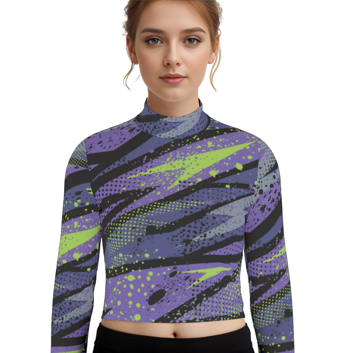 Eco-Friendly All-Over Print Women's Turtleneck T-shirt With Long Sleeve