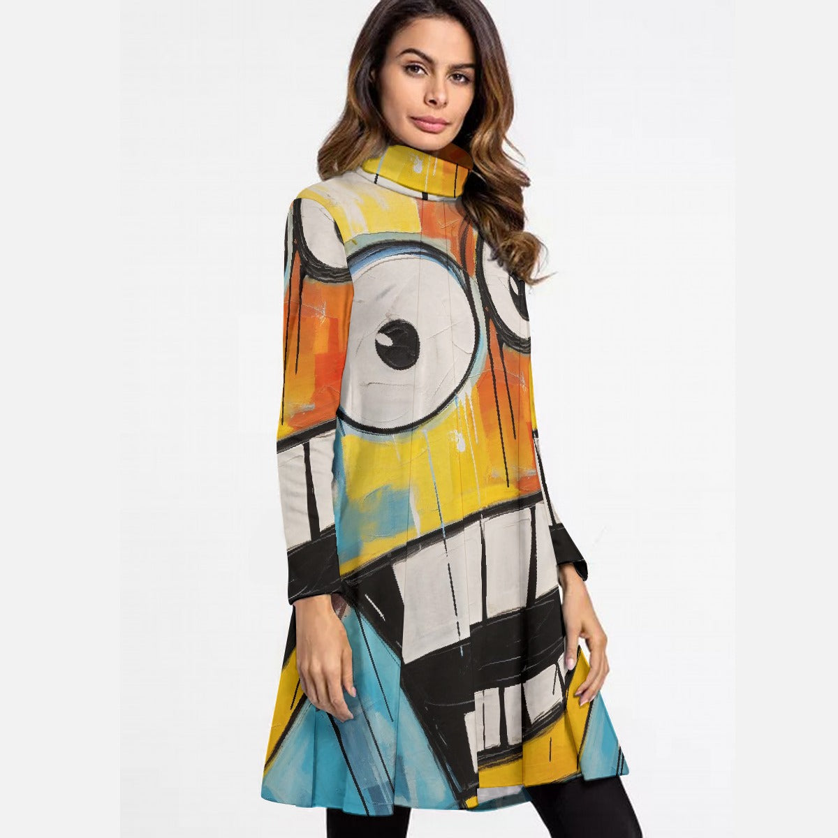 All-Over Print Women's High Neck Dress With Long Sleeve