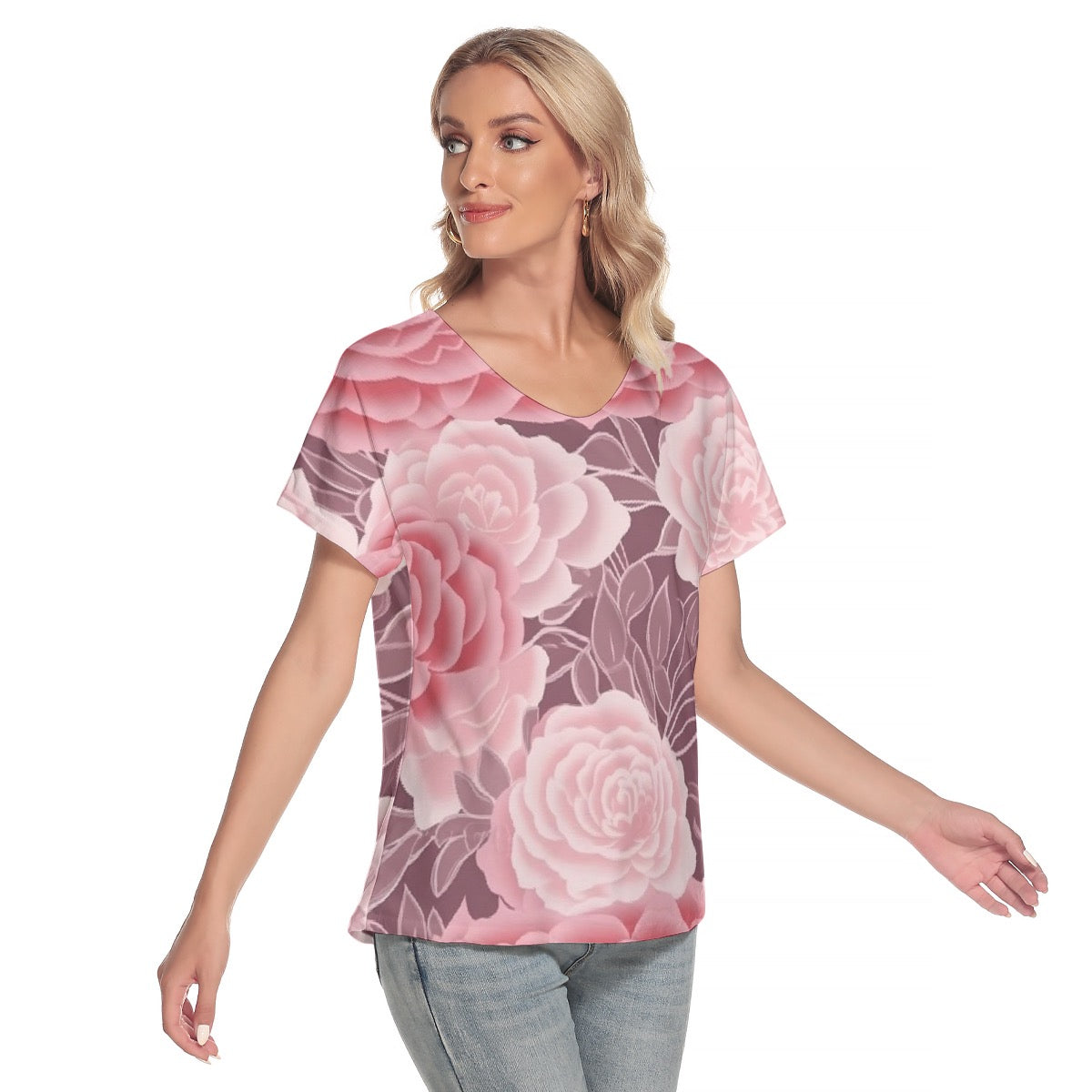 All-Over Print Women's Loose V-neck Short Sleeve T-shirt