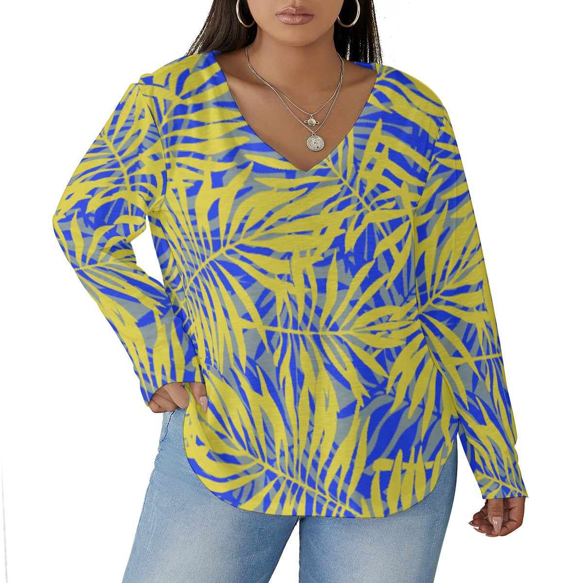 All-Over Print Women's V-neck T-shirt With Curved Hem(Plus Size)