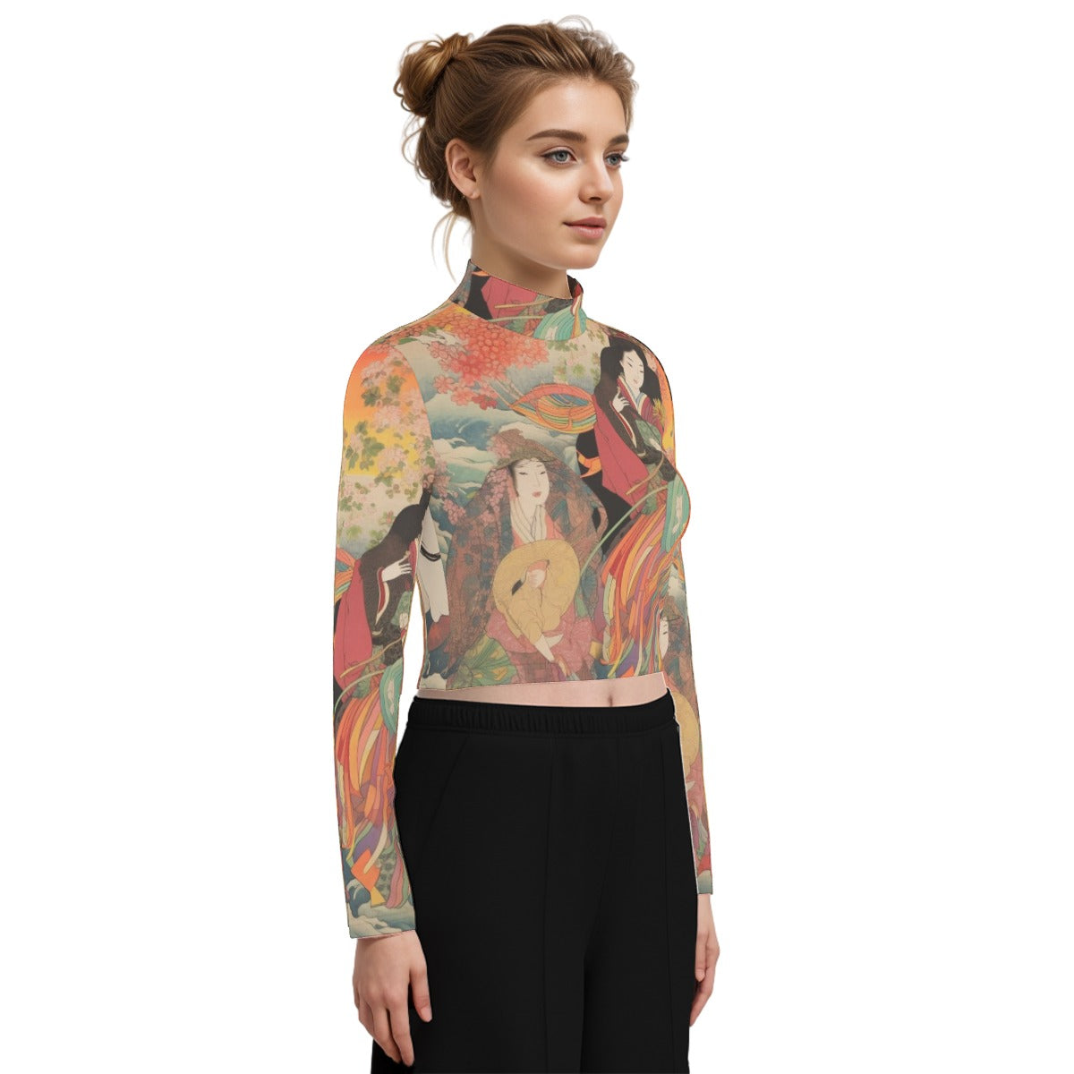 Eco-Friendly All-Over Print Women's Turtleneck T-shirt With Long Sleeve