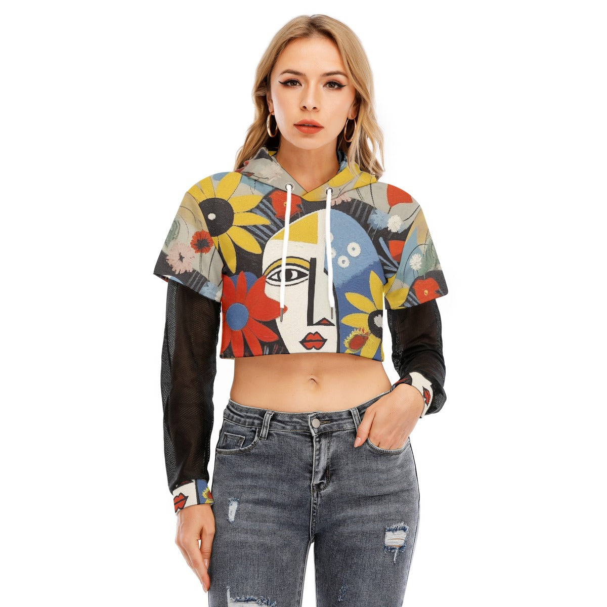 All-Over Print Women's Fake Two-piece Mesh Sleeve Cropped Hoodie