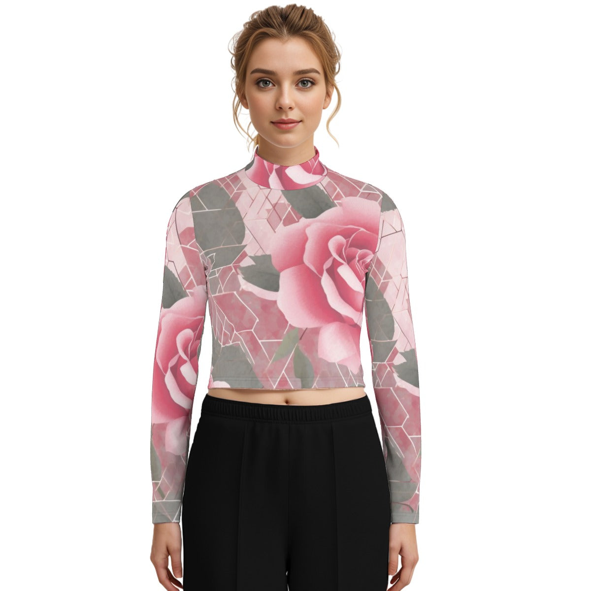 Eco-Friendly All-Over Print Women's Turtleneck T-shirt With Long Sleeve