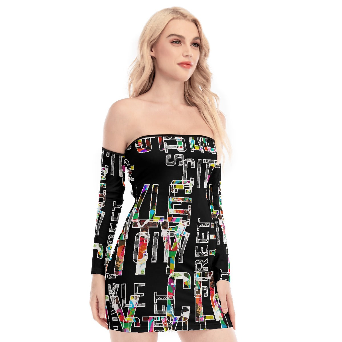 All-Over Print Women's Off-shoulder Back Lace-up Dress