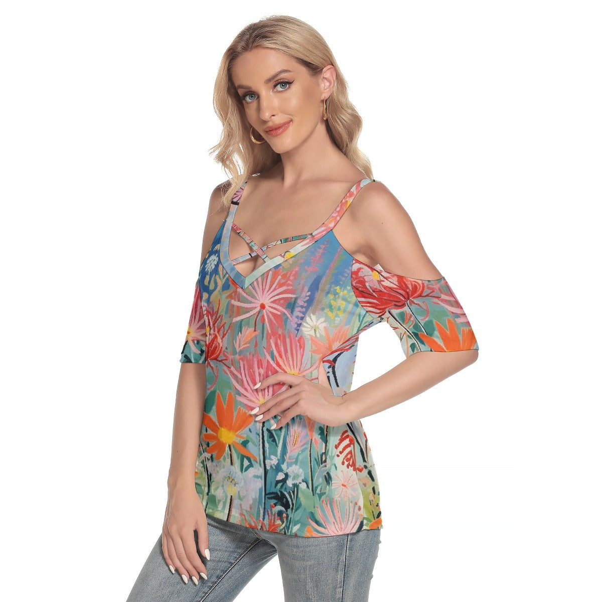 All-Over Print Women's Cold Shoulder T-shirt With Criss Cross Strips