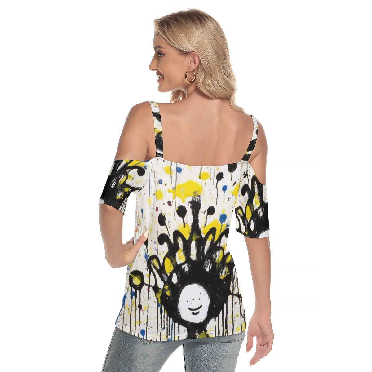 All-Over Print Women's Cold Shoulder T-shirt With Criss Cross Strips