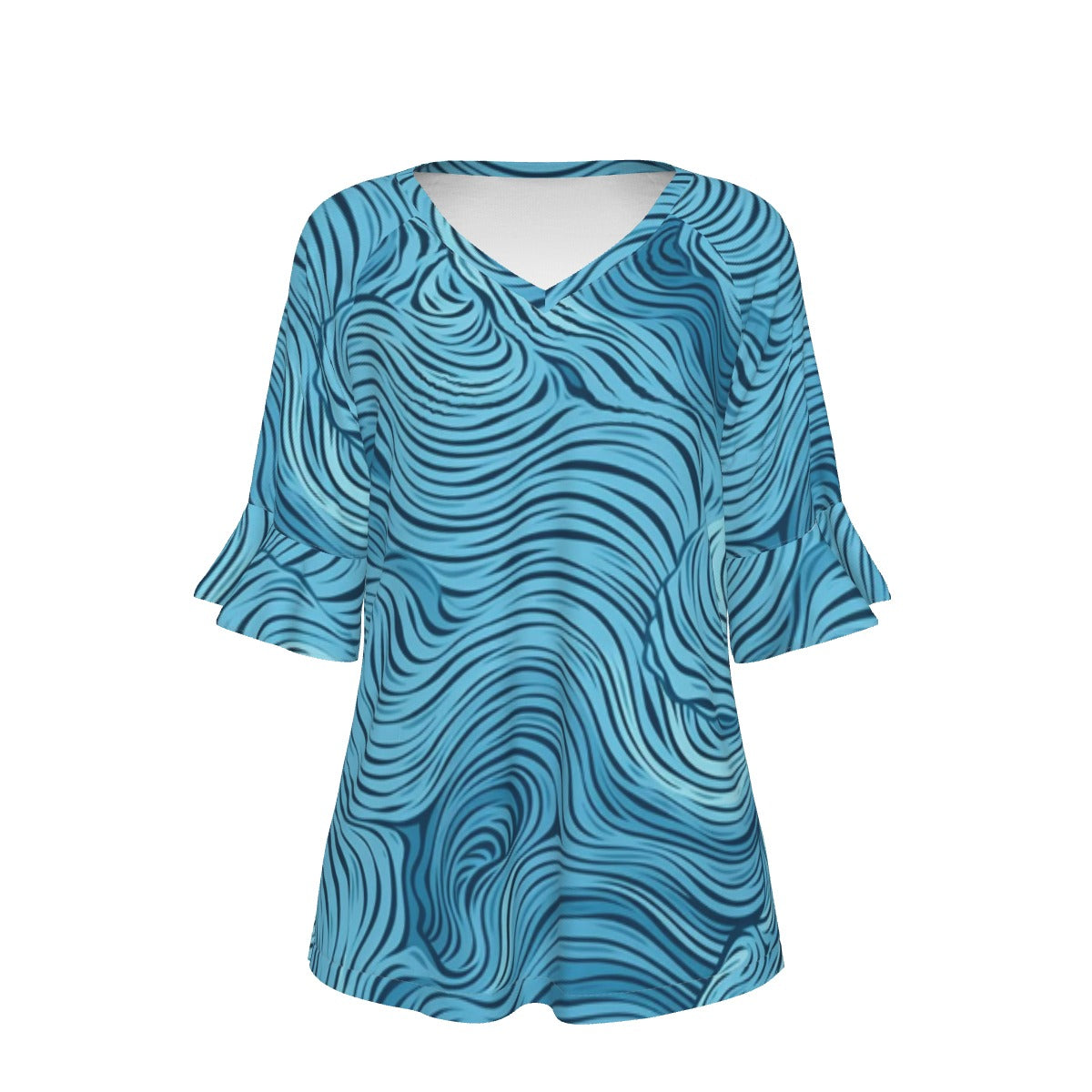 All-Over Print V-neck Women's T-shirt With Bell Sleeve