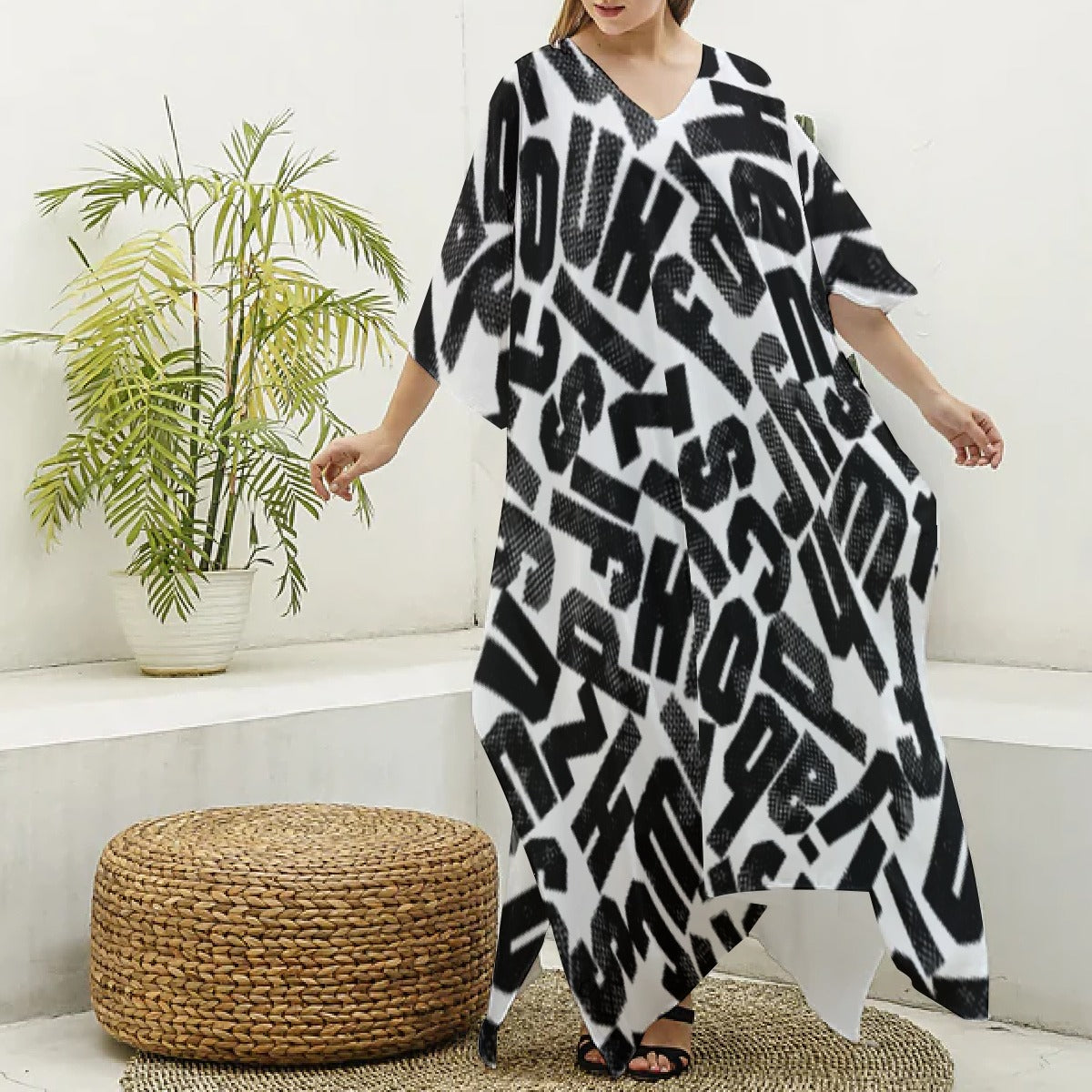 All-Over Print Women's Imitation Silk V-neck Kaftan Robe