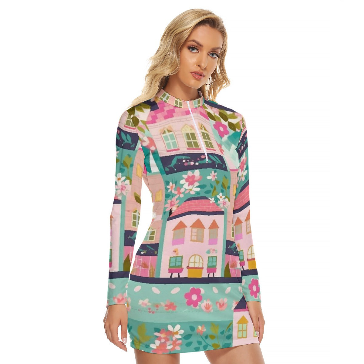 All-Over Print Women's Zip Front Tight Dress