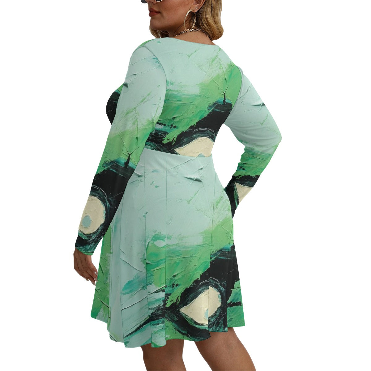 All-Over Print Women's V-neck Long Sleeve Dress(Plus Size)