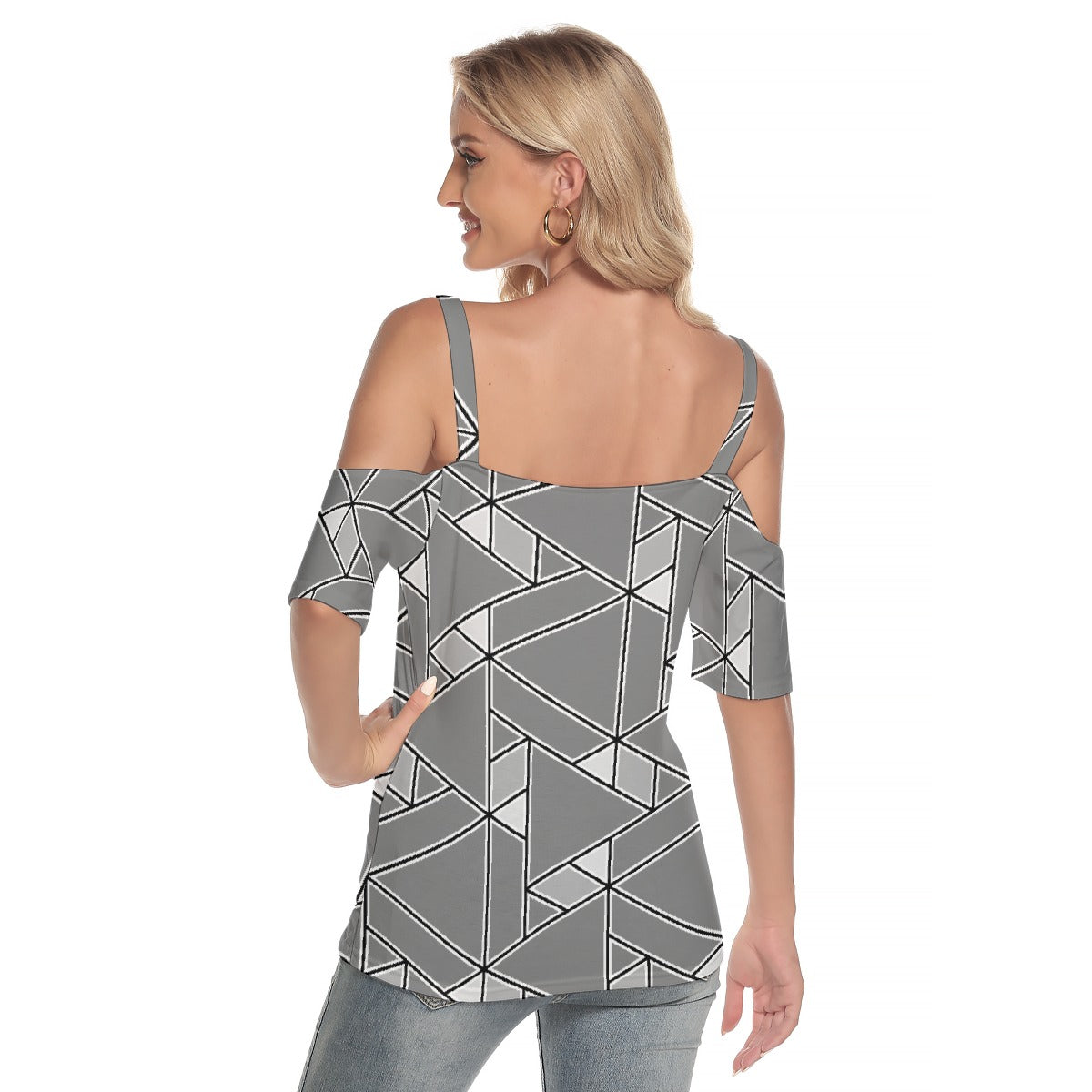 All-Over Print Women's Cold Shoulder T-shirt With Criss Cross Strips