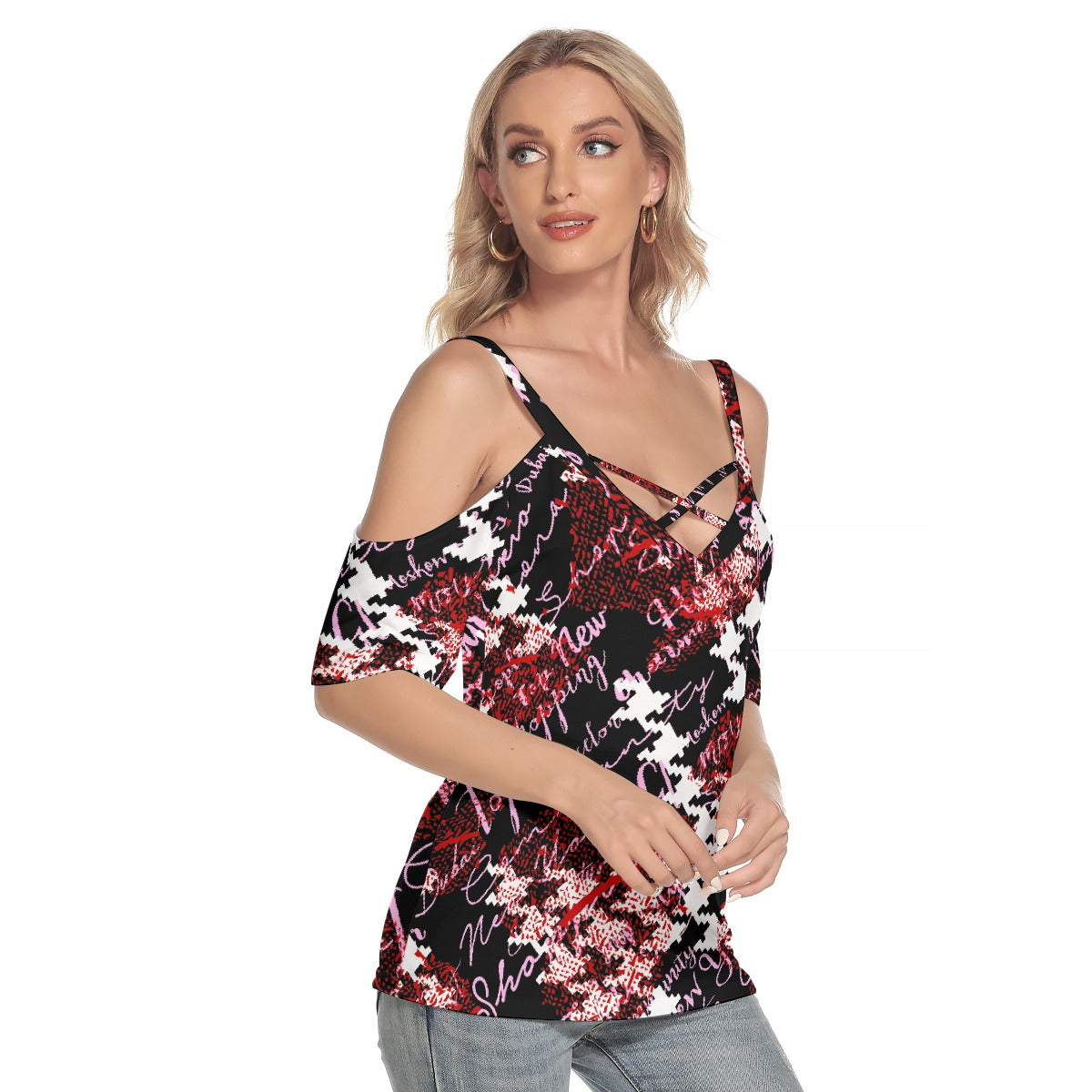 All-Over Print Women's Cold Shoulder T-shirt With Criss Cross Strips