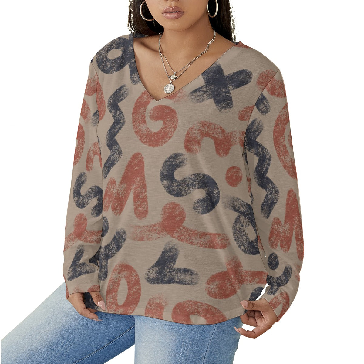 All-Over Print Women's V-neck T-shirt With Curved Hem(Plus Size)