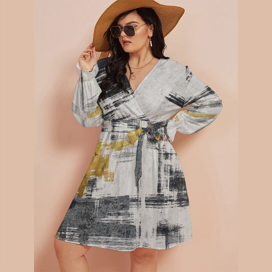 All-Over Print Women's V-neck Dress With Waistband(Plus Size)