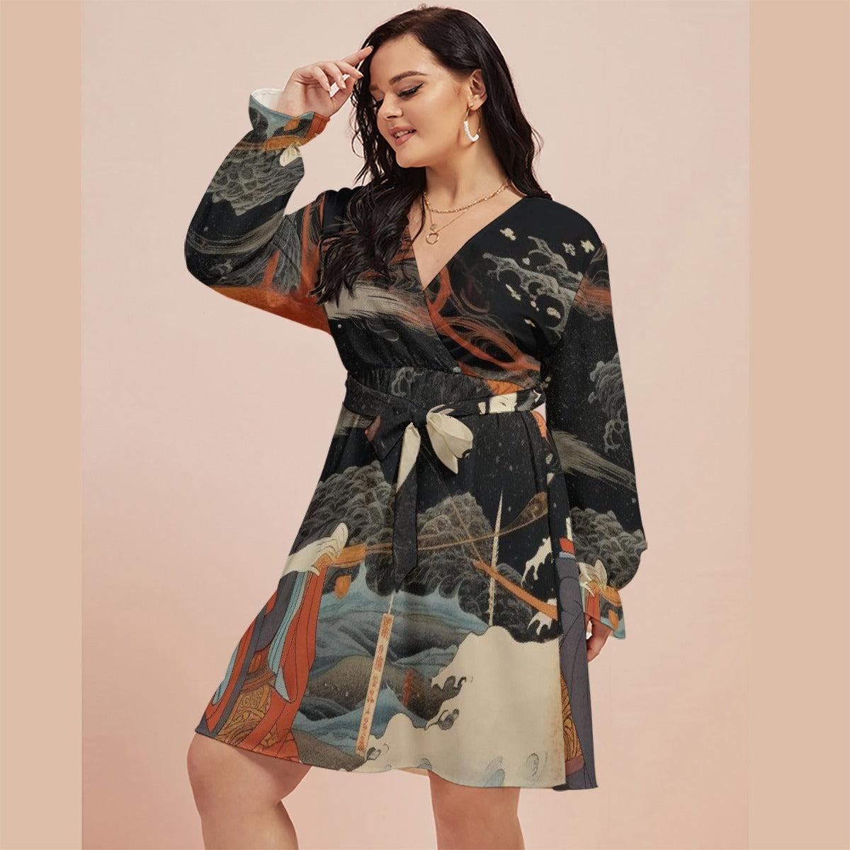 All-Over Print Women's V-neck Dress With Waistband(Plus Size)