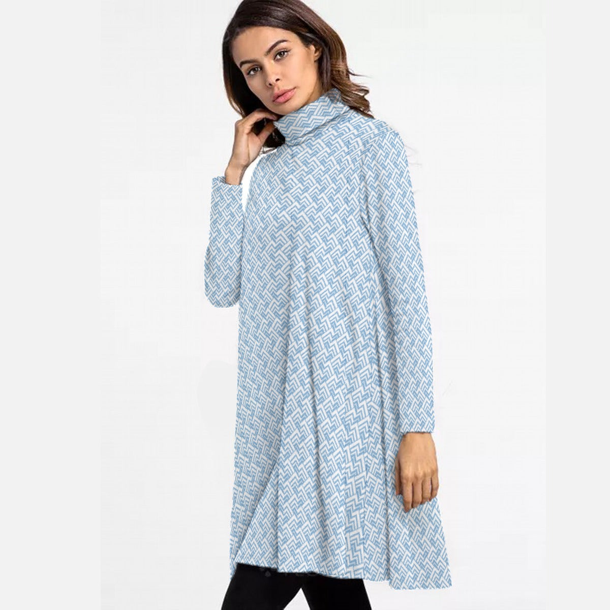 All-Over Print Women's High Neck Dress With Long Sleeve