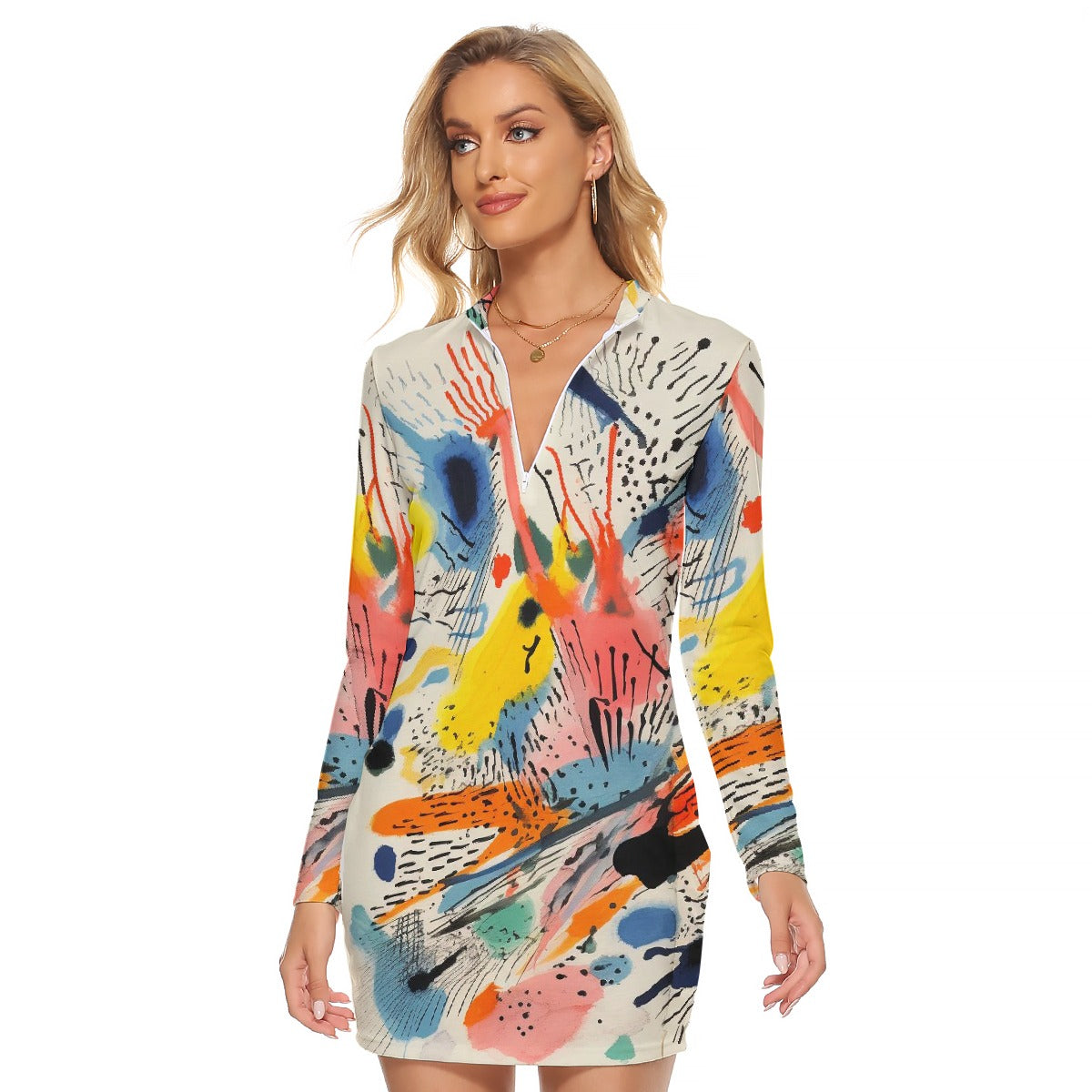 All-Over Print Women's Zip Front Tight Dress