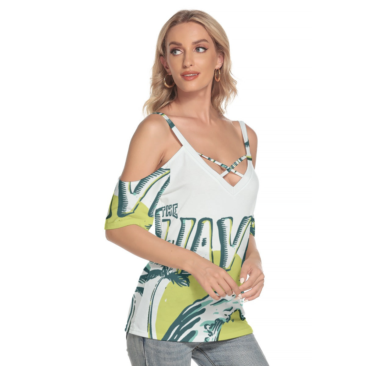 All-Over Print Women's Cold Shoulder T-shirt With Criss Cross Strips