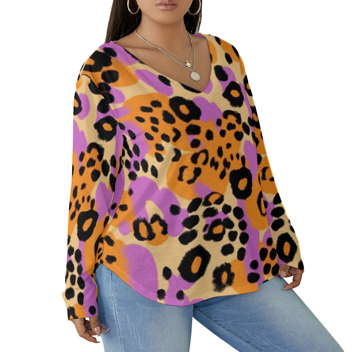 All-Over Print Women's V-neck T-shirt With Curved Hem(Plus Size)