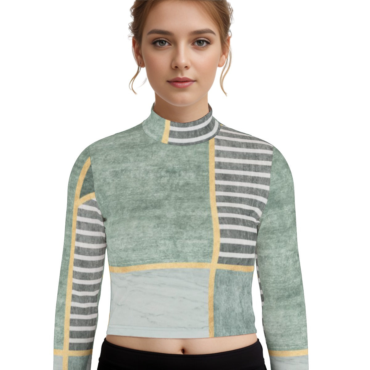 Eco-Friendly All-Over Print Women's Turtleneck T-shirt With Long Sleeve