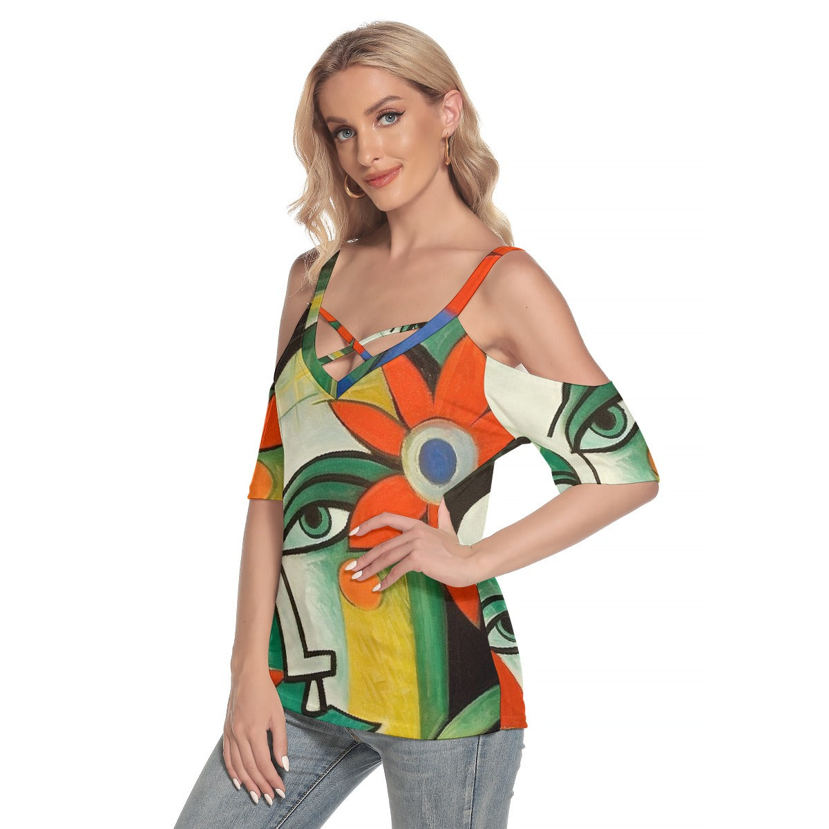 All-Over Print Women's Cold Shoulder T-shirt With Criss Cross Strips