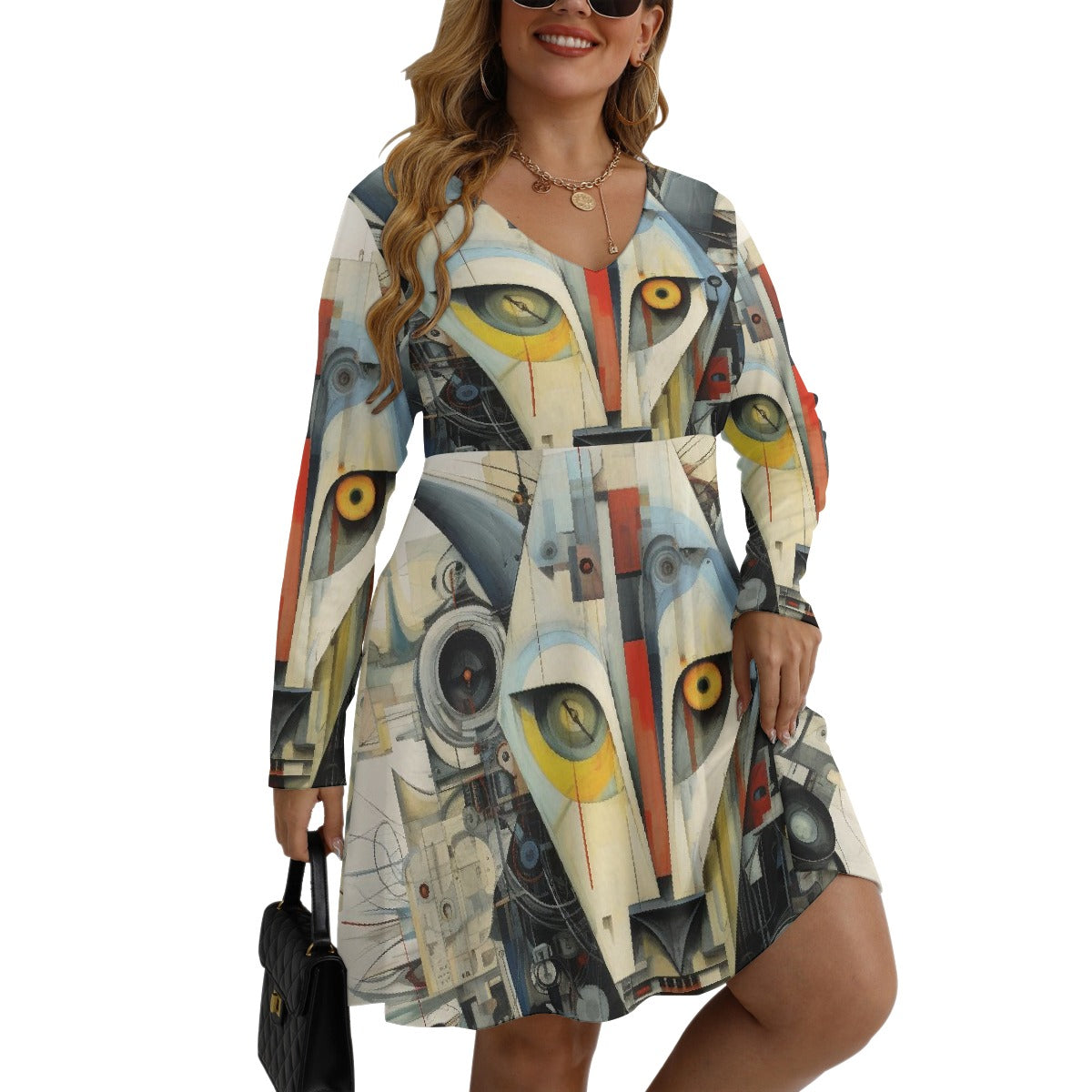 All-Over Print Women's V-neck Long Sleeve Dress(Plus Size)