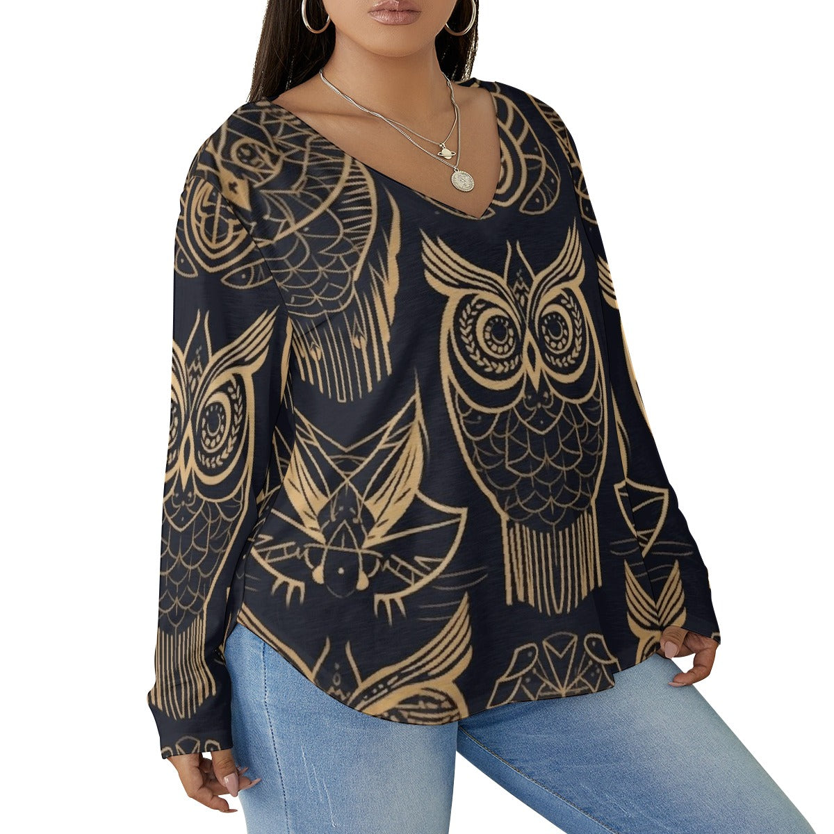 All-Over Print Women's V-neck T-shirt With Curved Hem(Plus Size)