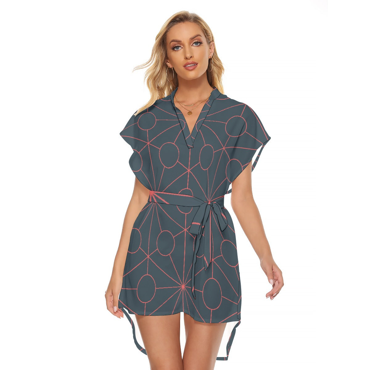 All-Over Print Women's Stand-up Collar Casual Dress With Belt