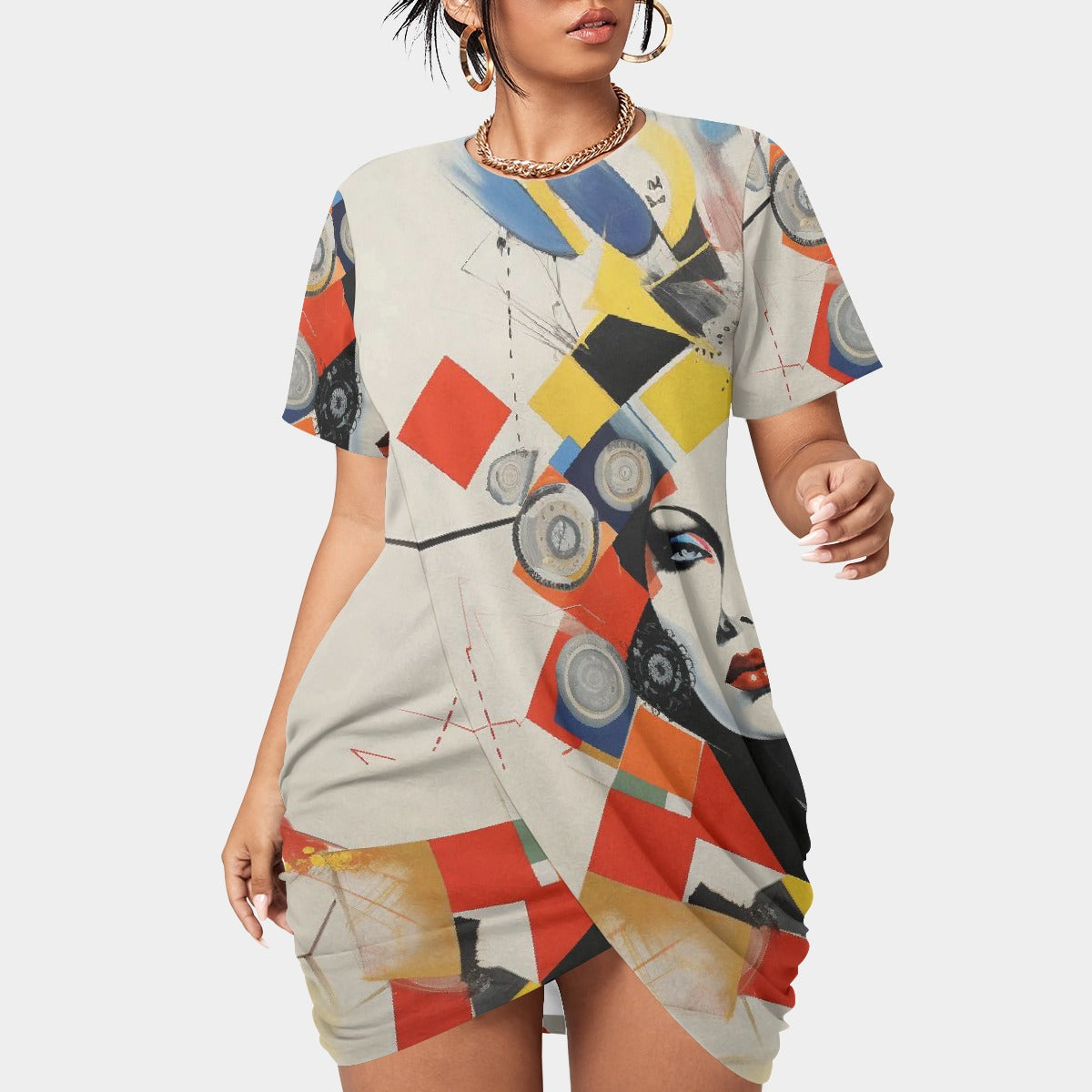 All-Over Print Women’s Stacked Hem Dress With Short Sleeve（Plus Size）