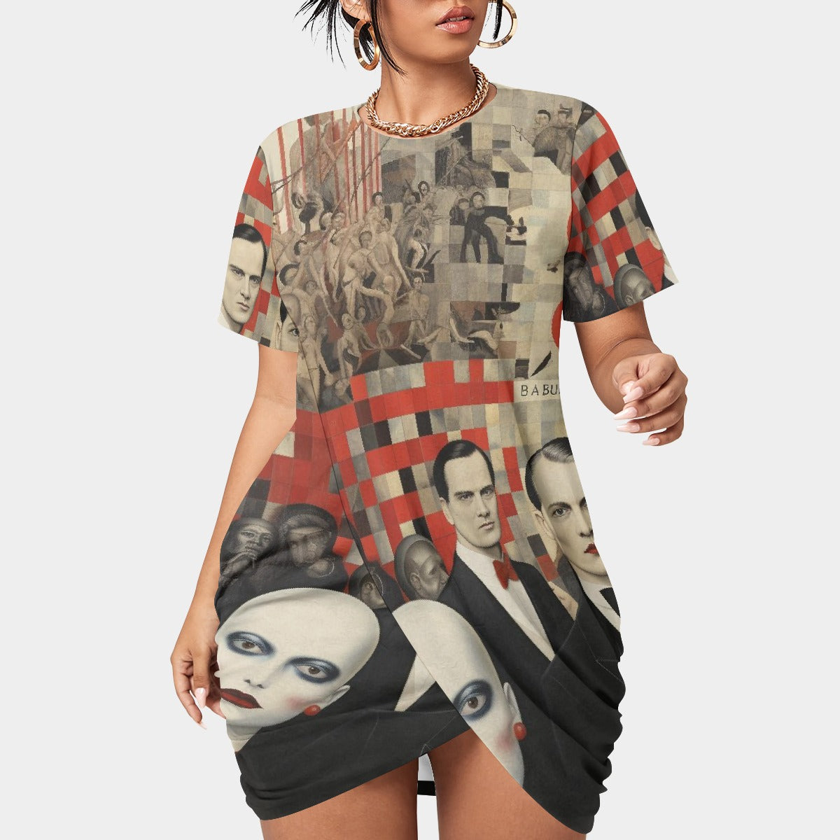 All-Over Print Women’s Stacked Hem Dress With Short Sleeve（Plus Size）