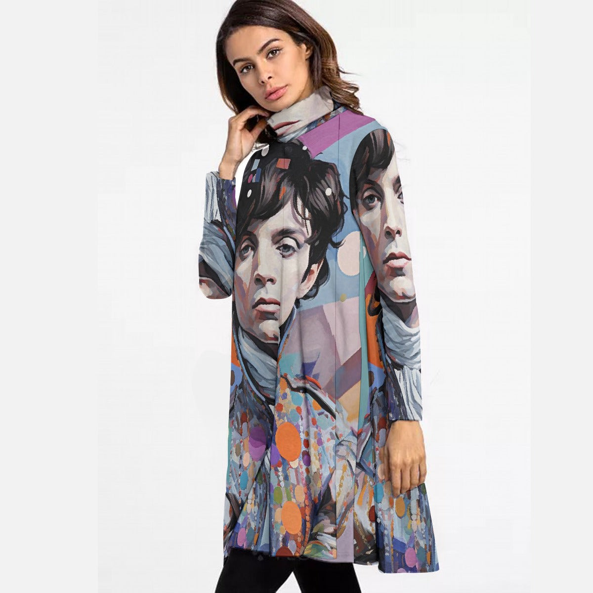 All-Over Print Women's High Neck Dress With Long Sleeve