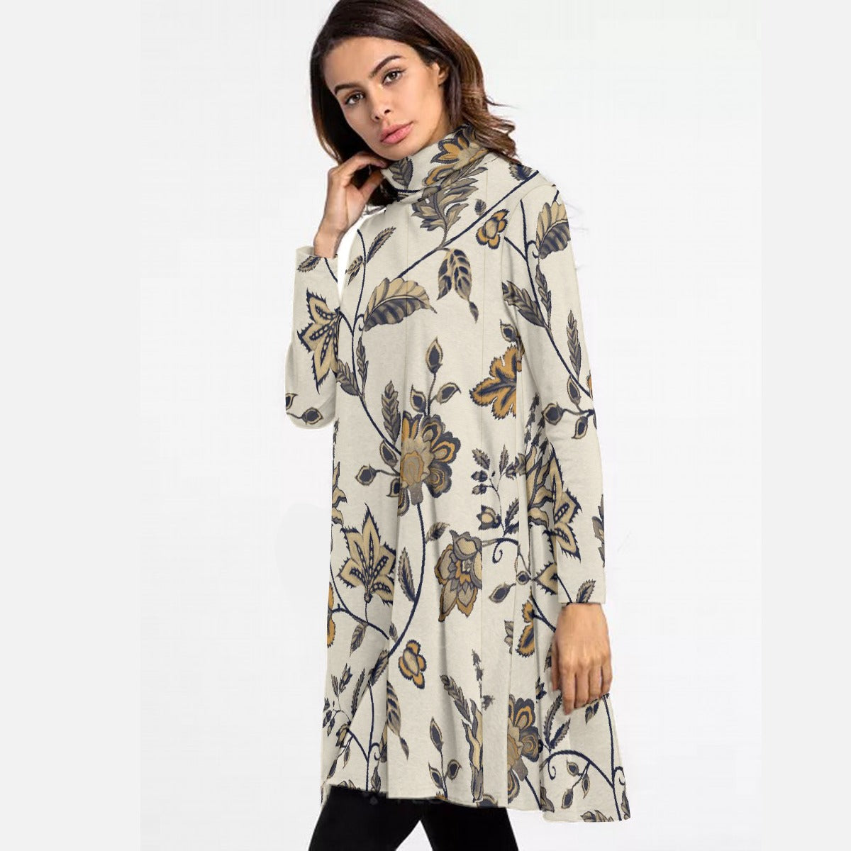 All-Over Print Women's High Neck Dress With Long Sleeve