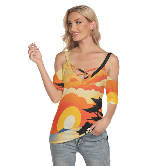 All-Over Print Women's Cold Shoulder T-shirt With Criss Cross Strips